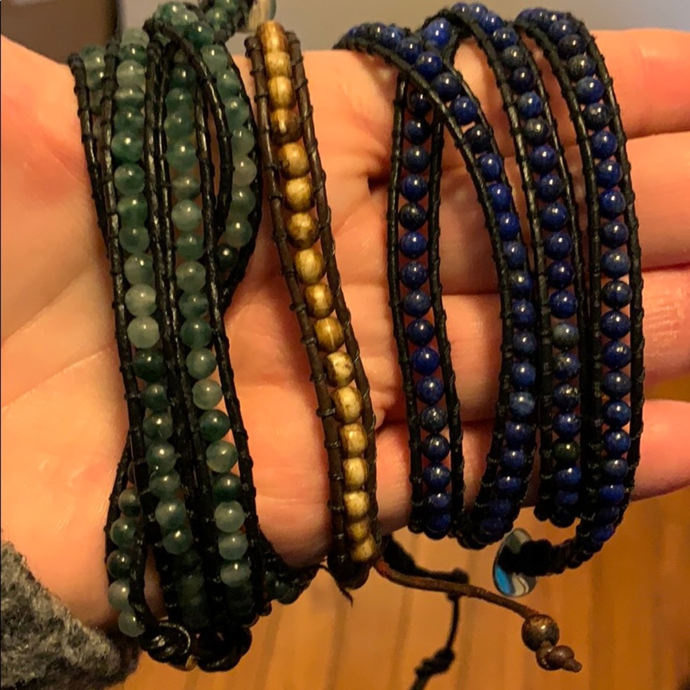 Lapis, Fluorite and wooden Bead Wrap Bracelets
